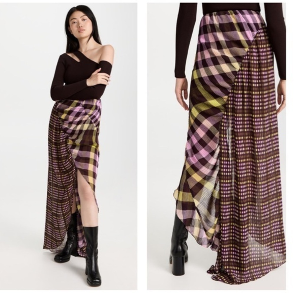 Brogger NWT XS‎ Violet Pliss Plaid Asymmetrical Skirt Purple Yellow Leg Slit
